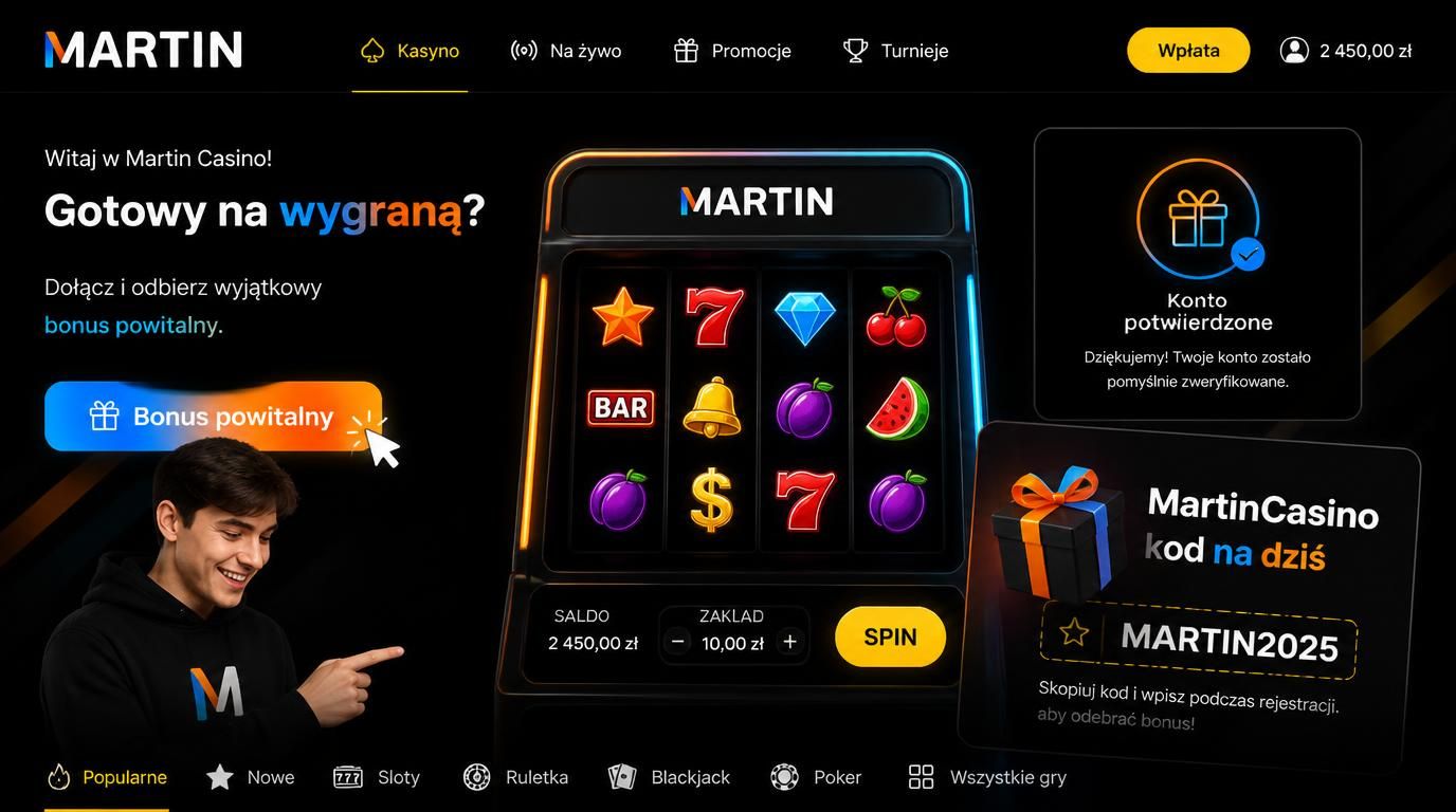 Gracz odbierający bonus powitalny z automatem i kod promocyjny.