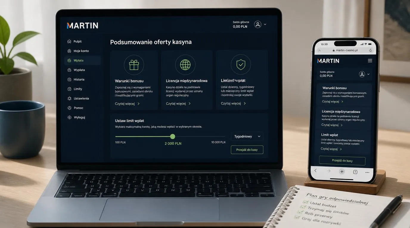 Panel kasyna z warunkami bonusu, informacją o licencji międzynarodowej i ustawieniem limitu wpłat