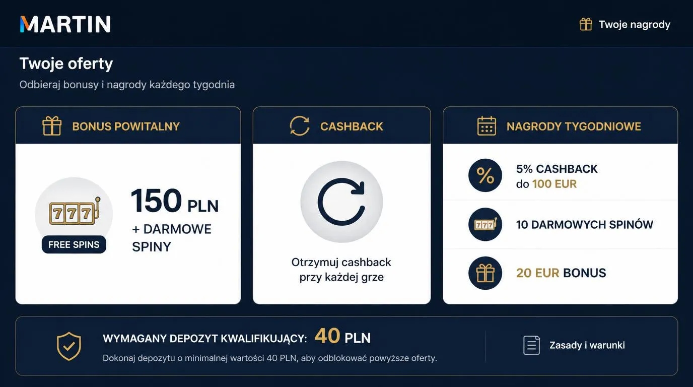Panel ofert kasynowych z bonusem powitalnym, cashbackiem, darmowymi spinami i warunkiem depozytu 40 PLN