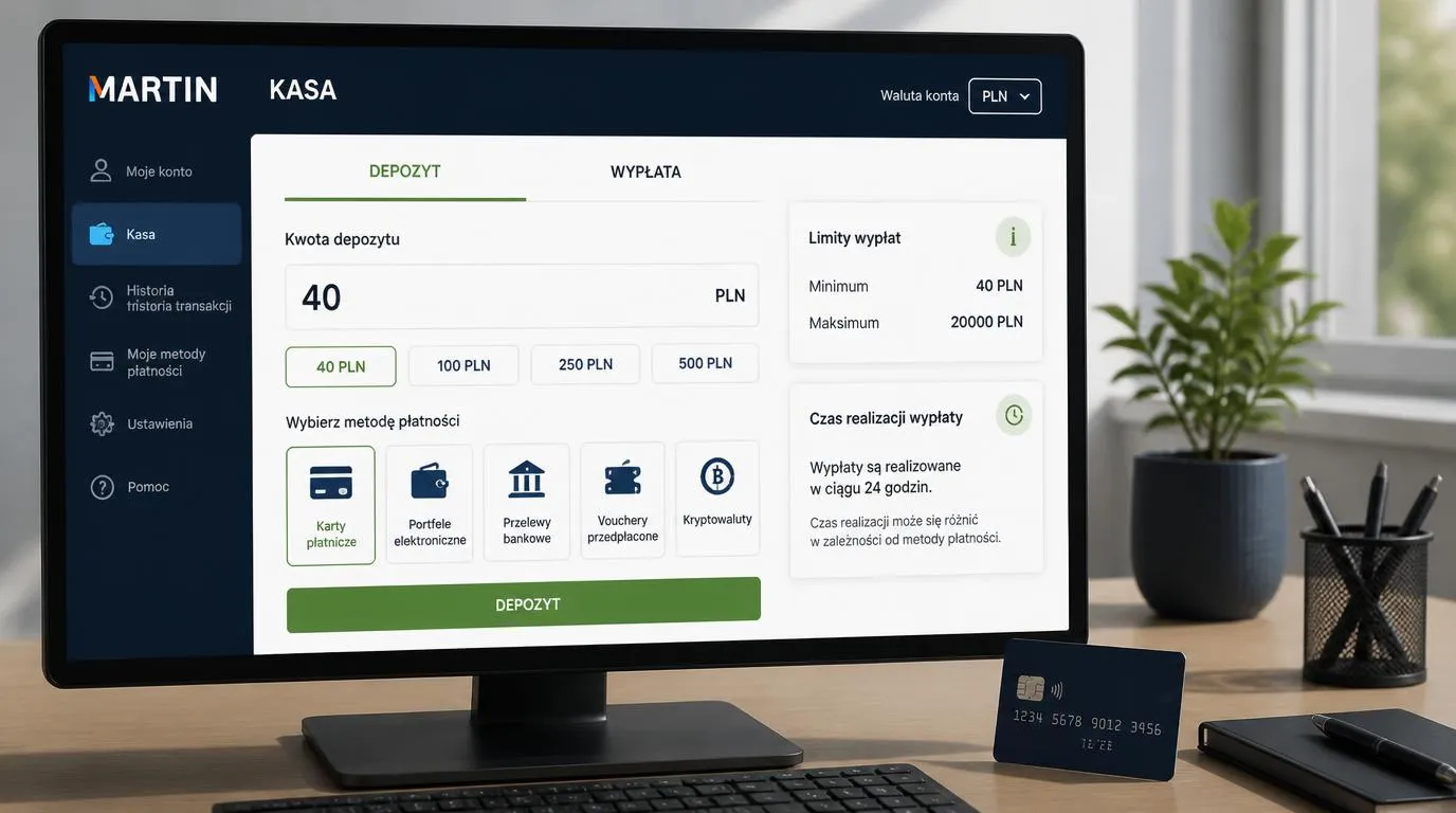 Panel kasy z saldem w PLN, wyborem metod płatności oraz minimalną wpłatą i wypłatą 40 PLN